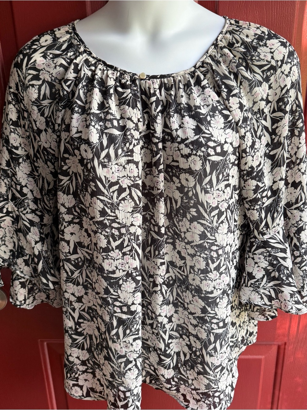 Chaps Black Floral Peasant Blouse with Cream Accents